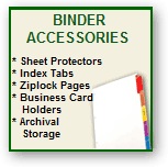 sheet protectors, index tabs, ziplock pages, business card holders, archival storage sheets, slipcases